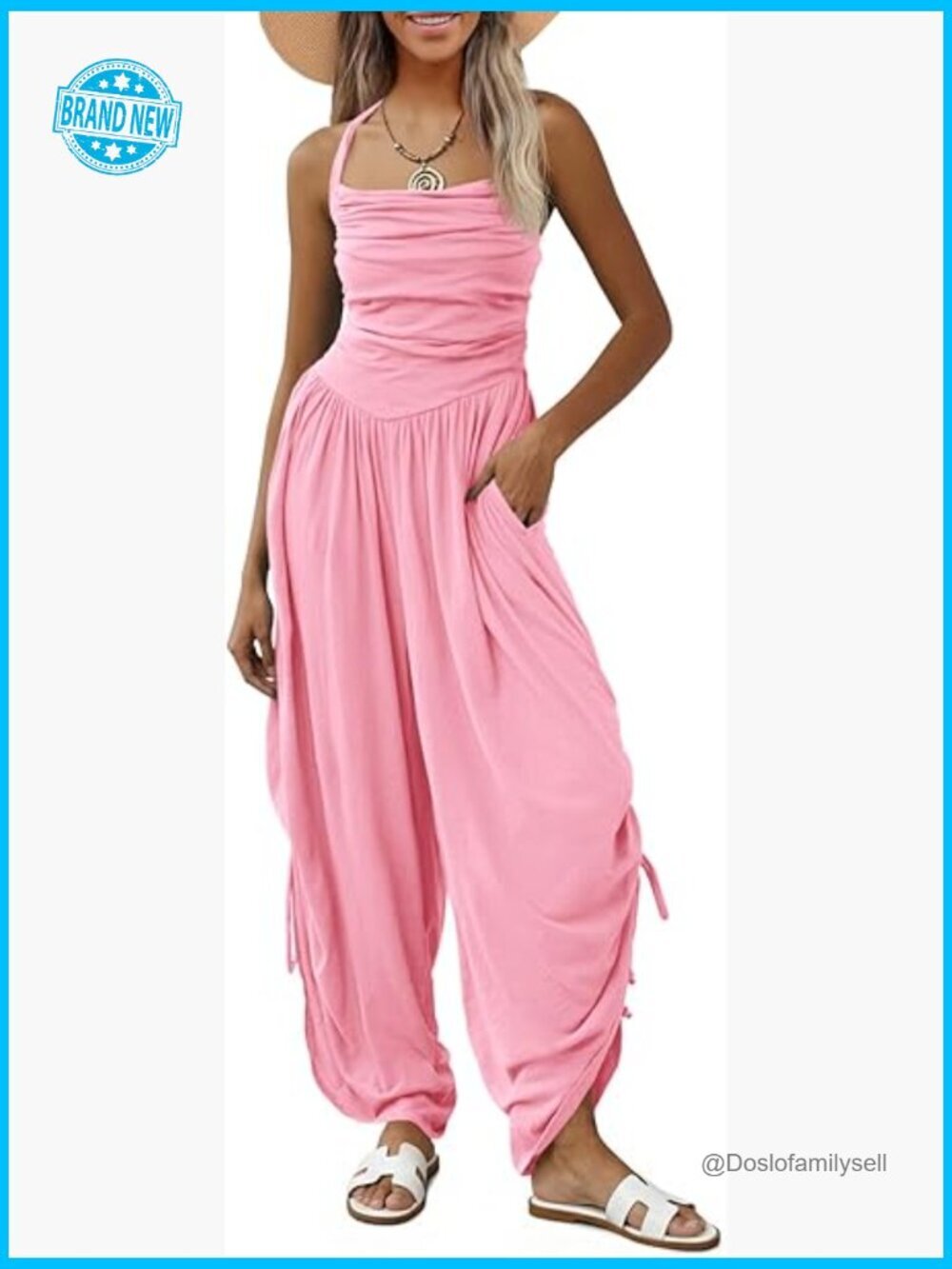 Womens Casual Jumpsuit Summer Halter Strap Wide Leg Barrel Romper Side-Cinch